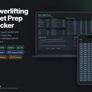May include: A digital powerlifting meet prep tracker displayed on a laptop and smartphone screen. The interface features dark mode with green text, showing training logs, squat, bench, and deadlift data, weekly schedules, and performance charts.