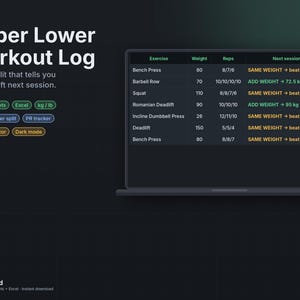 May include: A digital Upper Lower Workout Log displayed on a laptop screen, featuring a table with columns for exercise, weight, reps, and next session instructions. The interface includes buttons for Google Sheets, Excel, kg/lb, and dark mode.