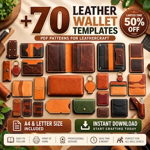 May include: A collection of leather wallet templates featuring various brown, tan, and green designs. Text includes +70 LEATHER WALLET TEMPLATES, PDF PATTERNS FOR LEATHERCRAFT, 50% OFF, A4 & LETTER SIZE INCLUDED, and INSTANT DOWNLOAD.