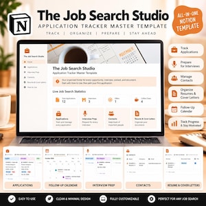 May include: A digital Notion template titled The Job Search Studio Application Tracker Master Template displayed on a laptop screen. The interface features sections for tracking applications, interview preparation, contacts, and resumes.