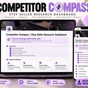 May include: A digital Notion template titled Competitor Compass Etsy Seller Research Dashboard displayed on a laptop screen and a smartphone. The interface features sections for research, competitor tracking, product analysis, and review insights.