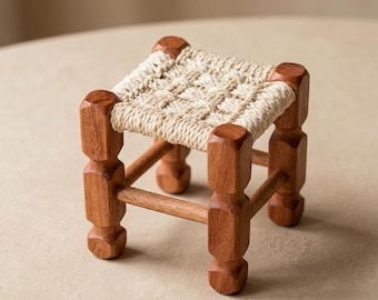 Miniature Decorative Stool, Chestnut Wood Legs, Corn Husk Woven Seat, Rustic Miniature Decor