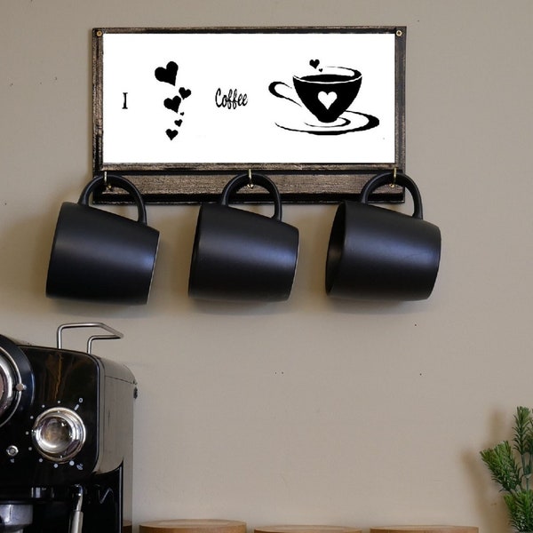 I Love Coffee Sign with Hooks, Kitchen Wall Decoration