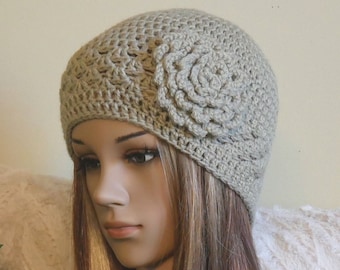 Crochet Flower Wool Beanie, Women Handmade Hat