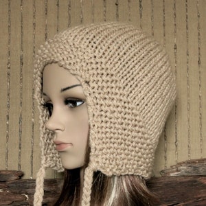 Hand Knit Beanie Hat with Ear Flaps, Women Men Slouchy Beanie