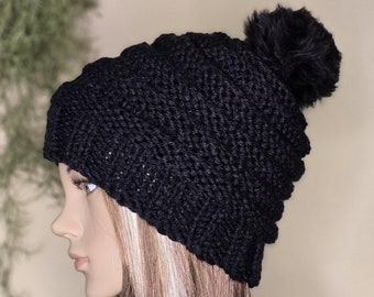 Handmade Black Oversized Slouchy Beanie with Pom Pom