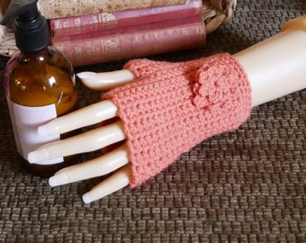 Wrist Warmers With Flower, Handmade Fingerless Gloves