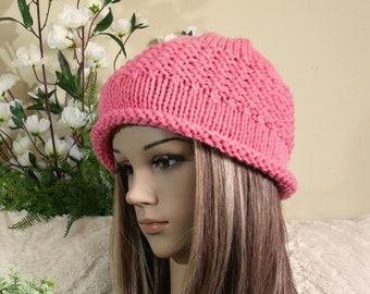 Knit Pattern Hat With Rolled Band, Handmade Winter Beanie