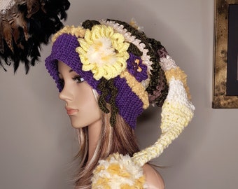 Long Tail Pixie Elfen Hut mit Blumen, Märchen Haube, Cosplay