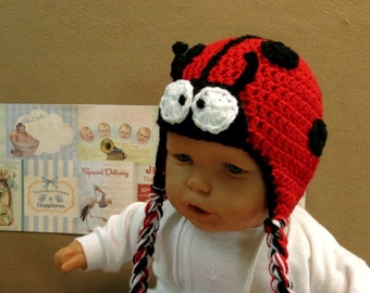 Ladybug Crocheted Beanie, Baby Photo Prop Hat, Wool Dress Up Hat