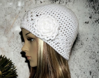 Crochet Flower Wool Beanie, Women Handmade Hat