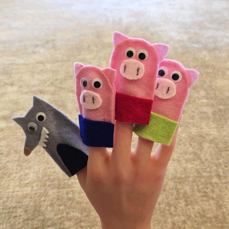 The Three Little Pigs & Big Bad Wolf Finger Puppet Set - Etsy