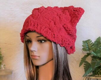Red Cable Cat Ears Beanie