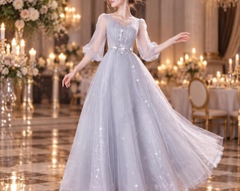 Elegant Long Sleeve Tulle Evening Gown, Modest Maxi Formal Dress, Christmas Party Dress, Romantic Wedding Guest Gown, Holiday Gift for Her