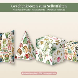 Christmas Gift Box Template Printable, Geschenkbox basteln, Nutcracker Watercolor Pillow and Square Boxes, DIY Favor Box, PDF