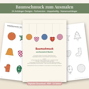 Könnte beinhalten: Ein digitaler PDF-Download mit 13 Seiten zum Ausdrucken von Baumschmuck-Designs. Die Blätter enthalten 24 Anhänger-Designs, Farbversionen, doppelseitige Optionen und Namensanhänger mit verschiedenen Mustern wie Streifen, Sternen und Herzen.