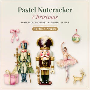 Könnte beinhalten: Eine digitale Sammlung mit dem Titel Pastel Nutcracker Christmas mit 42 PNG-Dateien und 7 Papieren. Das Set enthält Aquarellillustrationen eines grünen Nussknackers, eines kastanienbraunen Nussknackers, einer Ballerina, eines Geschenks, einer Schleife und eines Rehs.