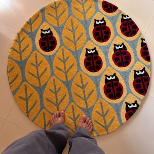 Hand Tufted Round Ladybug Rug, Mustard Yellow and Blue Kids' Area Rug, Playful Insect Pattern Carpet for Nursery, Bedroom and Playroom Decor