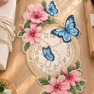 Hand Tufted Butterfly Clock Rug, Pink Floral Carpet with Blue Butterflies, Cream Clock Face and Green Leaves, Whimsical Botanical Home Decor