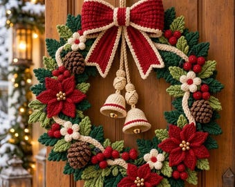 May include: A handcrafted crochet Christmas wreath featuring red poinsettias, green leaves, brown pinecones, and small white flowers. A large red bow with cream trim sits at the top, with two hanging crochet bells in the center.