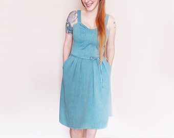 Summer dress, Light blue denim dress, Blue Dress, Linen Sundress, Retro dress, Dress with Pockets, Cotton dress, Sweetheart Neckline Dress