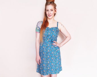 Summer Dress With Flowers Print, Blue dress, Floral Sundress, Cotton dress, Bridesmaid Wedding Dress, Party dress, Casual dress, Strap dress