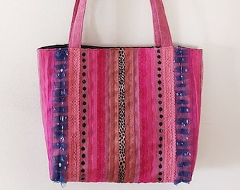 Bolso tote rosa, bolso de tela, bolso único, bolso boho, bolso de hombro, bolso de encaje, bolsos únicos, regalo para ella, bolso de rayas, regalos de cumpleaños