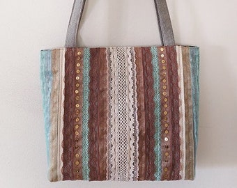 Brown tote bag, Fabric Bag, One of a kind bag, Boho bag, Shoulder bag, crochet bag, Unique bags, Gift for her, Stripes bag, Birthday gifts