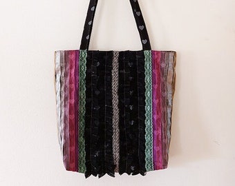 Black and pink tote bag, One of a kind bag, Boho bag, Lace bag, Large shoulder bag, Handmade bag, Birthday gifts for her, Hearts bag