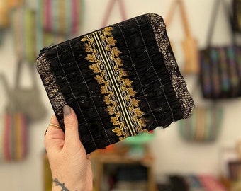 Hand Made Bohemian pouch, Cocktail bag, Party clutch, Gold and Black pouch, Bohemian Bag, Zipper pouch