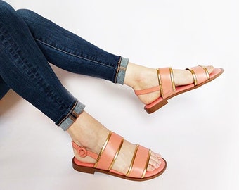 Leather sandals, Pink & gold sandals, Greek sandals, Women sandals, Pink shoes, Bridal sandals, strap sandals, Flat sandal, Wedding sandals