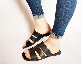 Black Leather Slippers, Leather Slides, Summer Sandals, summer flats, Black sandals, Slip On Sandals