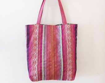 Pink tote bag, One of a kind bag, Boho bag, Lace bag, Large shoulder bag, Handmade bag, Birthday gifts for her, Unique gift, Stripes bag