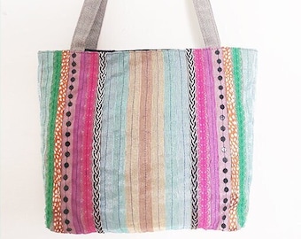 Rainbow tote bag, Fabric Bag, One of a kind bag, Boho bag, Shoulder bag, Colorful bag, Unique bag, Gift for her, Stripes bag, Birthday gifts