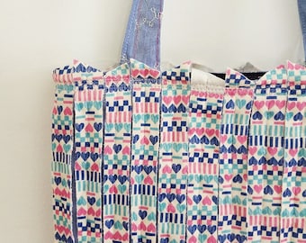 Hearts Print bag, Cotton tote bag, Shoulder bag, Stripes bag, Pink bag, Handmade tote bag, Bag with pockets,  Boho bag, One of a kind bag