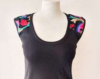 Black top, Sleeveless top, Summer embroidery top, Black shirt, Colorful floral lace top, Blouses for women, Cotton black top, Gift for her