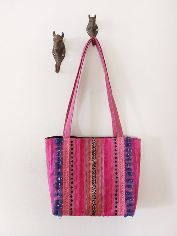 Pink tote bag, Fabric Bag, One of a kind bag, Boho bag, Shoulder bag, Lace bag, Unique bags, Gift for her, Stripes bag, Birthday gifts