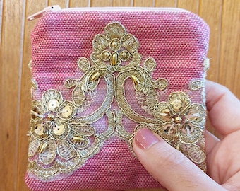 Small pink fabric zipper pouch, Gold crown Zipper Pouch, Christmas gift, vegan wallet, Gift card bag, travel pouch, coin card purse