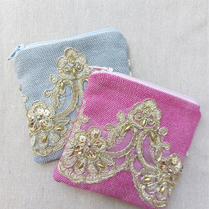 Bolsa con cremallera de corona de oro, regalo de Navidad, billetera vegana, bolsa con cremallera de tela rosa pequeña, bolsa de tarjeta de regalo, bolsa de viaje, monedero de tarjeta de moneda