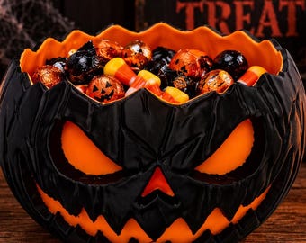Halloweenpumpa-godisskål, 3D-tryckt Jack O'Lantern-godishållare, läskig Halloween-borddekoration