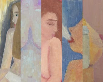 May include: An oil painting featuring five vertical panels depicting various human figures and abstract forms. The composition includes portraits with brown and blonde hair, soft skin tones, and textured brushstrokes in shades of blue, pink, and cream.