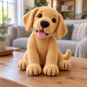 May include: A golden-yellow crochet puppy toy with large dark eyes, a black nose, and a small pink tongue sticking out. The stuffed animal features floppy ears, a textured yarn surface, and visible paw details on its front feet.