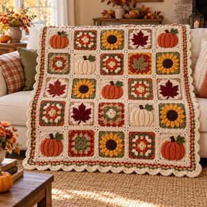 Patrón de manta de ganchillo con diseño de retazos de otoño: calabaza, girasol y hoja de arce (PDF)
