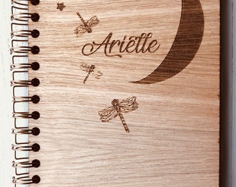 Personalised Moon Dragonfly Wooden Eco Spiral Notebook journal A5 Made in Uk Family Business