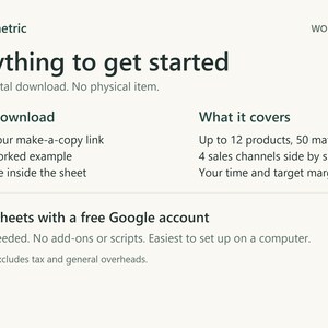Download includes a PDF with your make-a-copy link, a link to a worked example and a quick guide inside the sheet. Covers up to 12 products, 50 materials and 4 sales channels. Needs Google Sheets with a free Google account.