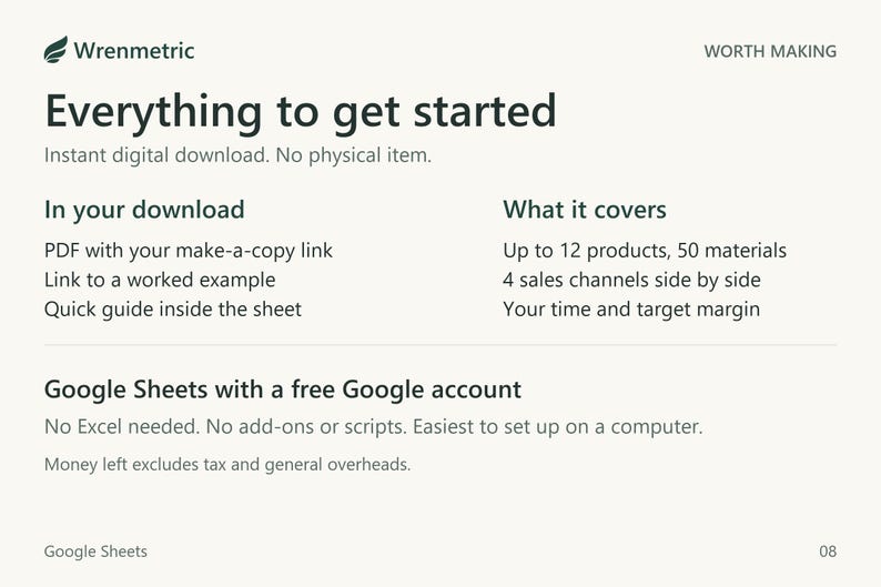 Download includes a PDF with your make-a-copy link, a link to a worked example and a quick guide inside the sheet. Covers up to 12 products, 50 materials and 4 sales channels. Needs Google Sheets with a free Google account.