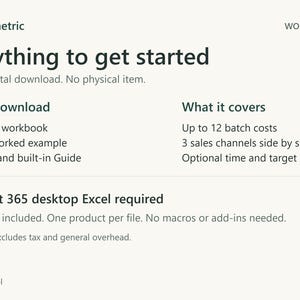Download includes a blank Excel workbook, a separate worked example, Start Here and a built-in Guide. Covers up to 12 batch costs and 3 sales channels. Microsoft 365 desktop Excel required, not included.