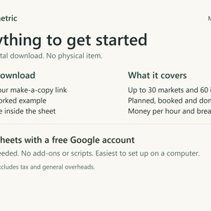Download includes a PDF with your make-a-copy link, a link to a worked example and a quick guide inside the sheet. Covers up to 30 markets and 60 items. Needs Google Sheets with a free Google account.