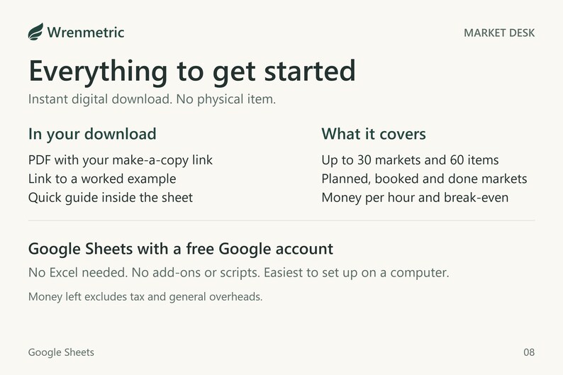 Download includes a PDF with your make-a-copy link, a link to a worked example and a quick guide inside the sheet. Covers up to 30 markets and 60 items. Needs Google Sheets with a free Google account.