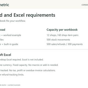 Includes blank and example Excel workbooks plus guidance. Microsoft 365 desktop Excel required, not included. Fixed capacity: 12 shops, 60 shop-item pairs, 500 movements, 500 sales/refunds and 300 payments. Manual entry, one currency; no macros or add-in. Shop fees aren't tracked. No tax, profit or overdue-invoice calculations. Refund limits are in the listing.